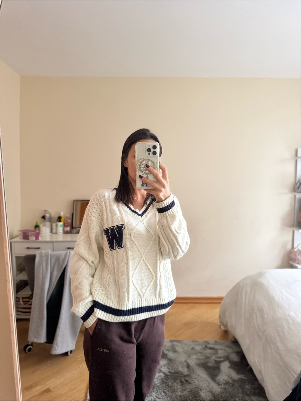 Garage Cream V-Neck Cable Knit Sweater with Navy Trim and W Patch